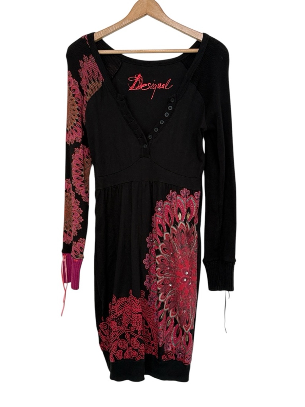 Desigual Boho Mandala Print Knit Dress Size Large Pockets Lace-Up Sleeve Y2K